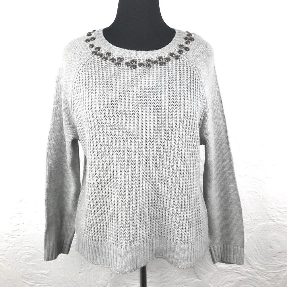 89th & Madison Gray Knit Jeweled Crew Neck Sweater